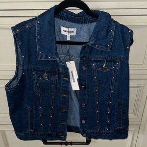 Vigoss Dark Blue Denim Vest with Stud Accents